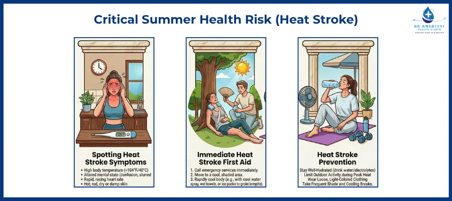 Infographic: Critical Summer Health Risk (Heat Stroke) with three panels for symptoms, first aid, and prevention, at a clinic-style layout.
