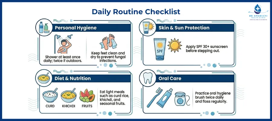 Daily Routine Checklist with four sections: Personal Hygiene, Skin & Sun Protection, Diet & Nutrition, and Oral Care.