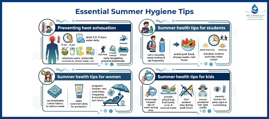 Infographic titled 'Essential Summer Hygiene Tips' with four panels on heat prevention, student health, women’s tips, and kids’ health tips.