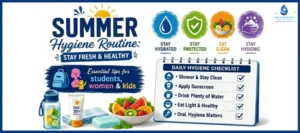 Poster-style graphic: Summer Hygiene Routine with stay hydrated, stay protected, eat clean, stay hygienic icons and a daily hygiene checklist for students, women and kids.