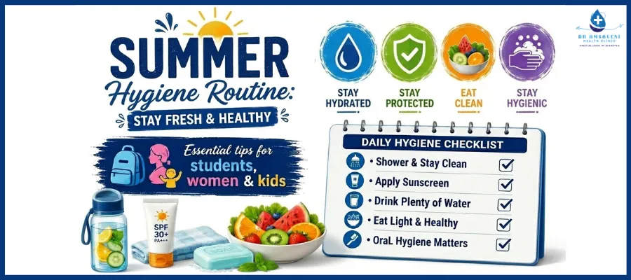 Poster-style graphic: Summer Hygiene Routine with stay hydrated, stay protected, eat clean, stay hygienic icons and a daily hygiene checklist for students, women and kids.